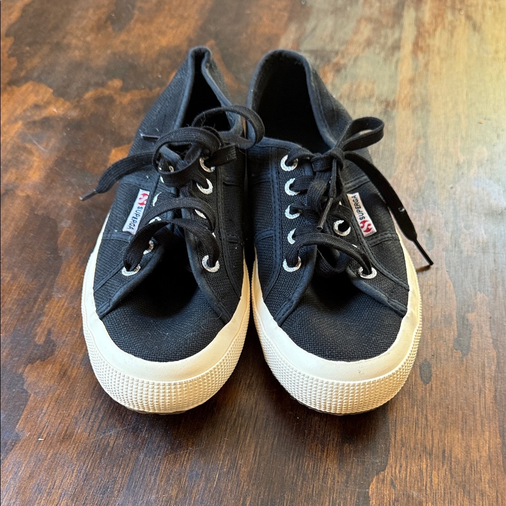 Superga Black Canvas Sneakers with Cream Soles